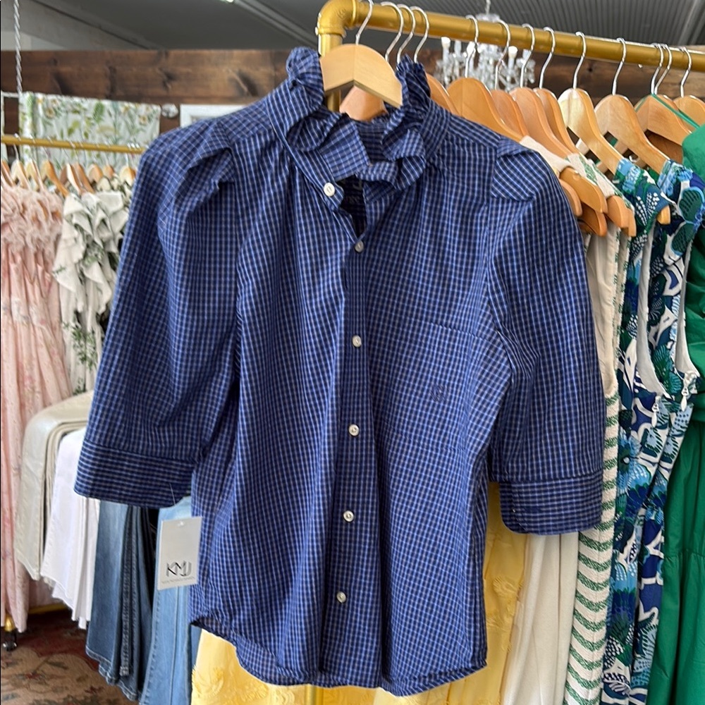 Blue Checkered Button-Up Blouse